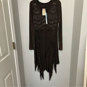 T Party Beaded Embroidered Fringe Mini Dress Mineral Wash Womens M Western Rodeo